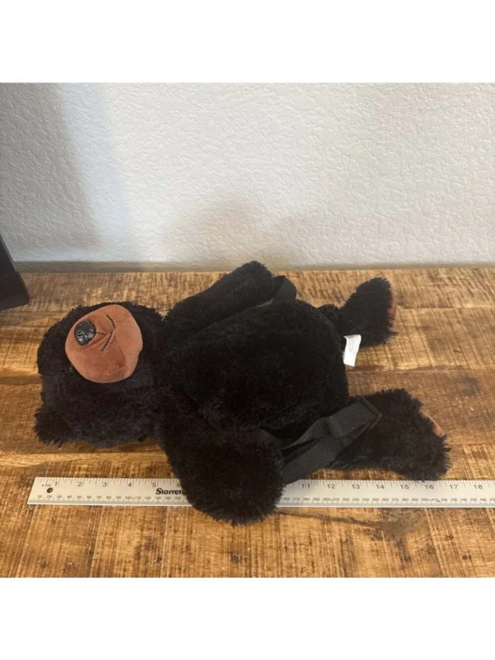 Black Bear Backpack 16” Adjustable Straps Zippered Pocket Plush Realistic